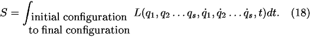 <i>S</i> = [integral]<sub>(initial configuration; to final configuration; )</sub> <i>L</i>(<i>q</i><sub>1</sub>,<i>q</i><sub>2</sub>...<i>q</i><sub><i>s</i></sub>,<i>q</i>-dot<sub>1</sub>,<i>q</i>-dot<sub>2</sub>...<i>q</i>-dot<sub><i>s</i></sub>,<i>t</i>)<i>d</i><i>t</i>.