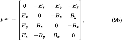<i>F</i><sup><i></i> <i>nu</i></sup> = [(0,  – <i>E</i><sub><i>x</i></sub>,  – <i>E</i><sub><i>y</i></sub>,  – <i>E</i><sub><i>z</i></sub>; <i>E</i><sub><i>x</i></sub>, 0,  – <i>B</i><sub><i>z</i></sub>, <i>B</i><sub><i>y</i></sub>; <i>E</i><sub><i>y</i></sub>, <i>B</i><sub><i>z</i></sub>, 0,  – <i>B</i><sub><i>x</i></sub>; <i>E</i><sub><i>z</i></sub>,  – <i>B</i><sub><i>y</i></sub>, <i>B</i><sub><i>x</i></sub>, 0)],