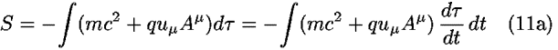 <i>S</i> = –[integral](<i>m</i><i>c</i><sup>2</sup> + <i>q</i><i>u</i><sub><i></i></sub><i>A</i><sup><i></i></sup>)<i>d</i> <i>tau</i> = –[integral](<i>m</i><i>c</i><sup>2</sup> + <i>q</i><i>u</i><sub><i></i></sub><i>A</i><sup><i></i></sup>) ((<i>d</i> <i>tau</i>)/<i>d</i><i>t</i>) <i>d</i><i>t</i>