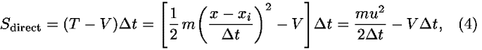 <i>S</i><sub>direct</sub> = (<i>T</i> – <i>V</i>)<i>Delta</i> <i>t</i> = [(1/2) <i>m</i>(((<i>x</i> – <i>x</i><sub><i>i</i></sub>)/(<i>Delta</i> <i>t</i>)))<sup>2</sup> – <i>V</i>]<i>Delta</i> <i>t</i> = ((<i>m</i><i>u</i><sup>2</sup>)/(2 <i>Delta</i> <i>t</i>)) – <i>V</i> <i>Delta</i> <i>t</i>,