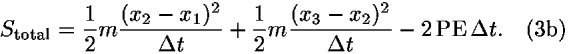 <i>S</i><sub>total</sub> = (1/2)<i>m</i>(((<i>x</i><sub>2</sub> – <i>x</i><sub>1</sub>)<sup>2</sup>)/(<i>Delta</i> <i>t</i>))+(1/2)<i>m</i>(((<i>x</i><sub>3</sub> – <i>x</i><sub>2</sub>)<sup>2</sup>)/(<i>Delta</i> <i>t</i>)) – 2 PE  <i>Delta</i> <i>t</i>.